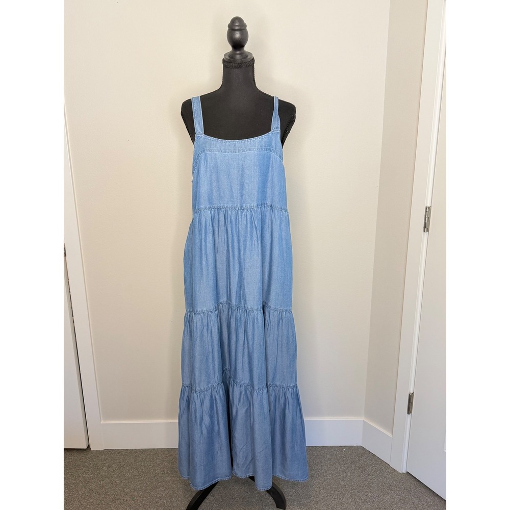 The Drop Women's Blue Britt Chambray Tiered Lyocell Denim Maxi Dress Sz L NWTS
